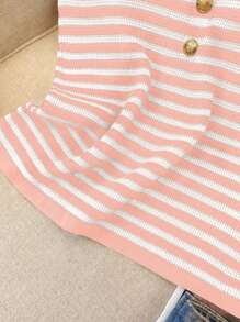 SHEIN LUNE 女士休闲条纹撞色青春时尚金属纽扣无袖针织上衣 - 淺粉色 - 查看 3