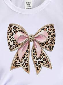 SHEIN 女宝宝休闲时尚创意水钻豹纹蝴蝶结印花基本款短袖T恤和豹纹打底裤套装 - 彩色 - 查看 7