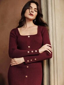 Anewsta Vestido de suéter de cuello alto ajustado elegante de punto burdeos para mujer, vestido brillante, vestido burdeos, vestido de fiesta elegante, ropa de mujer para Navidad