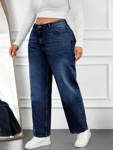 EURMUSE 100%Cotton Plus Size Women's Cat Whisker Design Straight Leg Jeans - Dark Wash - View 4