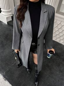 Easura 大码女式纯色翻领长袖单排扣休闲办公室西装外套 - 灰色 - 查看 5