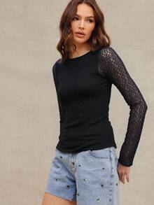WESTFADE Western Cowgirl Lace Boatneck Ruched Split Side Semi Sheer Fitted Long Sleeve T-Shirt Spring Break - Black - View 3