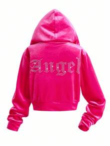 SHEIN Serisse Kids Bộ 2 món đồ cho bé gái, áo hoodie nhung họa tiết chữ đính đá và quần ống loe, quần nỉ, trang phục, dễ thương, giản dị và cổ điển, tuyệt vời cho trang phục thường ngày và đi học hàng ngày vào mùa hè và mùa thu, cho Giáng sinh - Màu Hồng Tươi - Xem 8