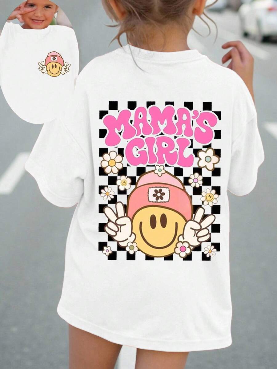 Young Girls Casual Comfy Fashionable Checkered & Letter Print Short Sleeve T-Shirt, Spring/Summer Kawaii Clothes Summer Holiday - White - View 1