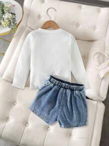 Girls' Casual Fashion Daily Street Crew Neck Long Sleeve Bow & Pearl Design T-Shirt With High Waist Short Denim Skort, Back To School Outfit, All Season Fall Winter