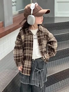 DAZY 少女格纹休闲长袖百搭夹克 秋冬 - 駝色 - 查看 4