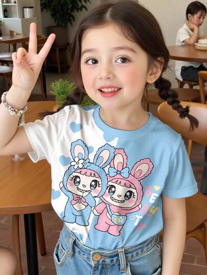 SHEIN Happikins Cream White & Fresh Blue, Cute Bow Heart Quirky Animal Graphic, Animal Crossing Inspired, Kawaii Style, Young Girl Casual Minimalist Round Neck Short Sleeve T-Shirt Suitable For Summer, Streetwear Vibe, Casual Campus Sports Style, Outdoor Picnic, Outings, Street Photography, Home, Campus