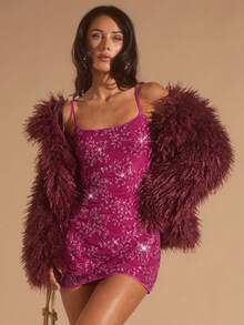 Glamine 女装秋季新款勃艮第彩虹色亮片连衣裙女装夏季新款浪漫性感露背迷你裙，渐变花卉 - 玫紅色 - 查看 9