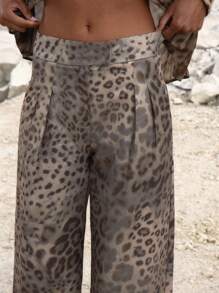 MUSERA Pantalones rectos con detalle de pliegue a medida con estampado de leopardo para ocasión de noche, elegante, otoño, Navidad, Año Nuevo, fiesta