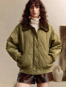 EMERY ROSE Mantel Berlapis Longgar dengan Kerah Warna Kontras, Gaya Inggris, Pakaian Musim Gugur/Dingin untuk Wanita - Hijau Tentara - View 5