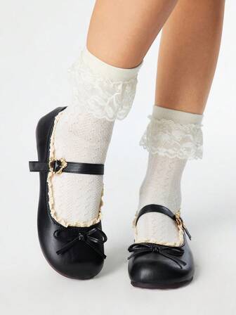 Kawaii Schwarze Pantoletten mit weicher Sohle, Schlupfschuhe mit Spitzenbesatz, Schleifen-Dekor, Arbeitsschuhe, japanische Schuluniform Schuhe für Damen