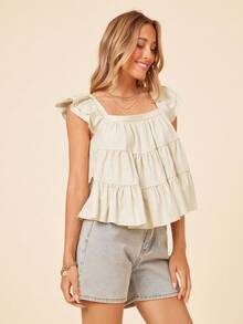 Coeurva 女士方领荷叶边短袖衬衫 白色娃娃衫 方领上衣 荷叶边上衣 - 米色 - 查看 6