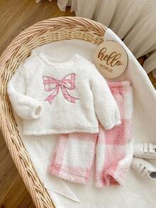 SHEIN 女婴可爱休闲毛绒蝴蝶结格子图案睡衣套装，秋冬 - 白色 - 查看 5