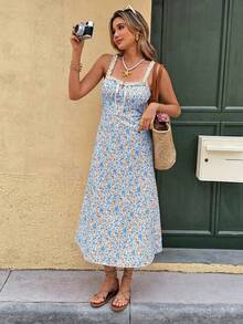 Serisse Vestido camisero informal de mujer a media pierna con estampado floral y bajo con volantes - Azul - Ver 8