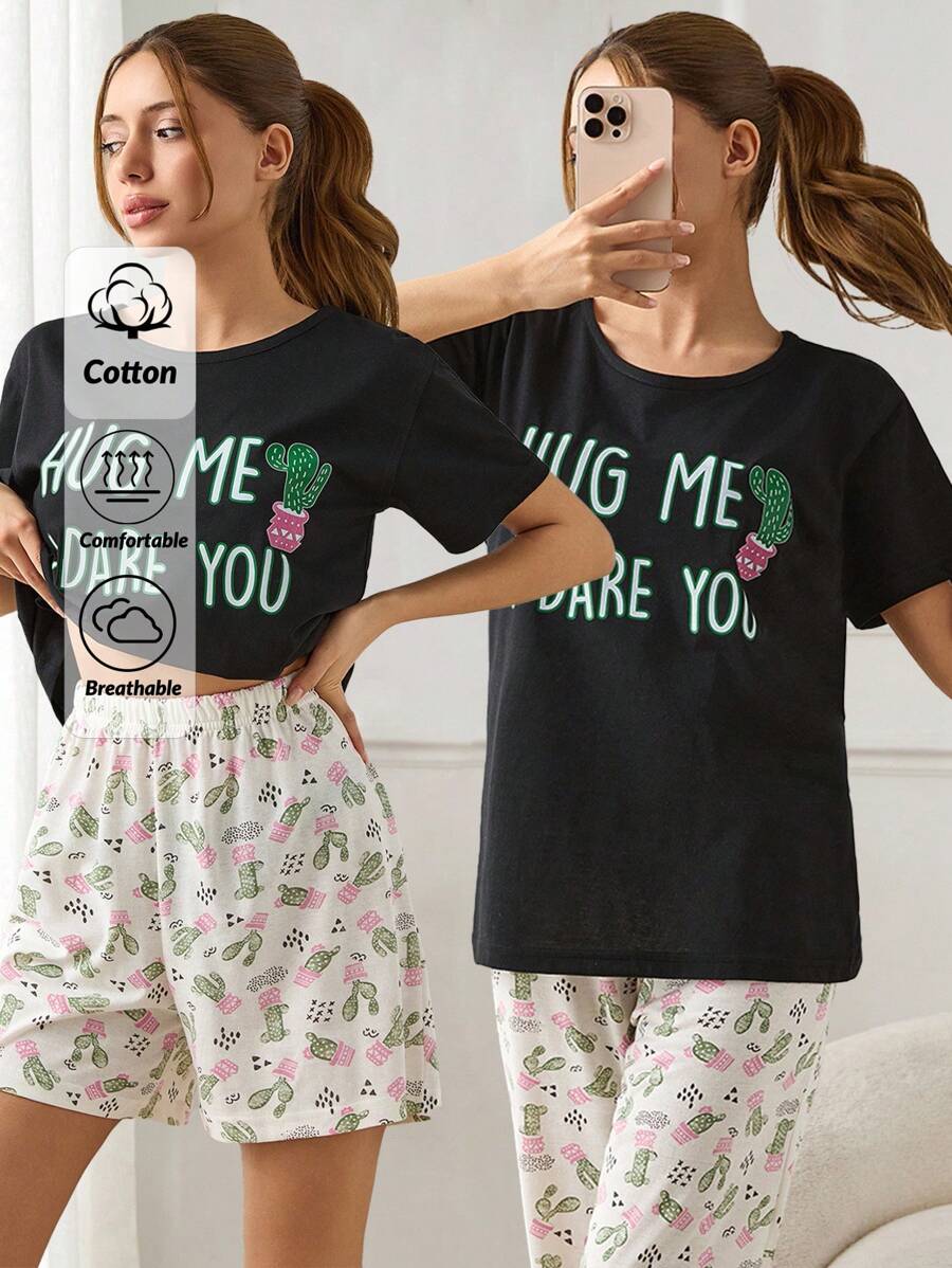 RueChic Women 3 Pcs Contrast Colour Cactus Pattern Homewear PJ Set - Black - View 1