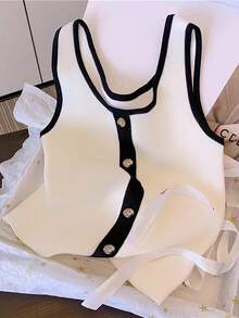GlowEve 女士时尚简约拼色装饰纽扣吊带背心，适合夏季 - 黑與白 - 查看 1