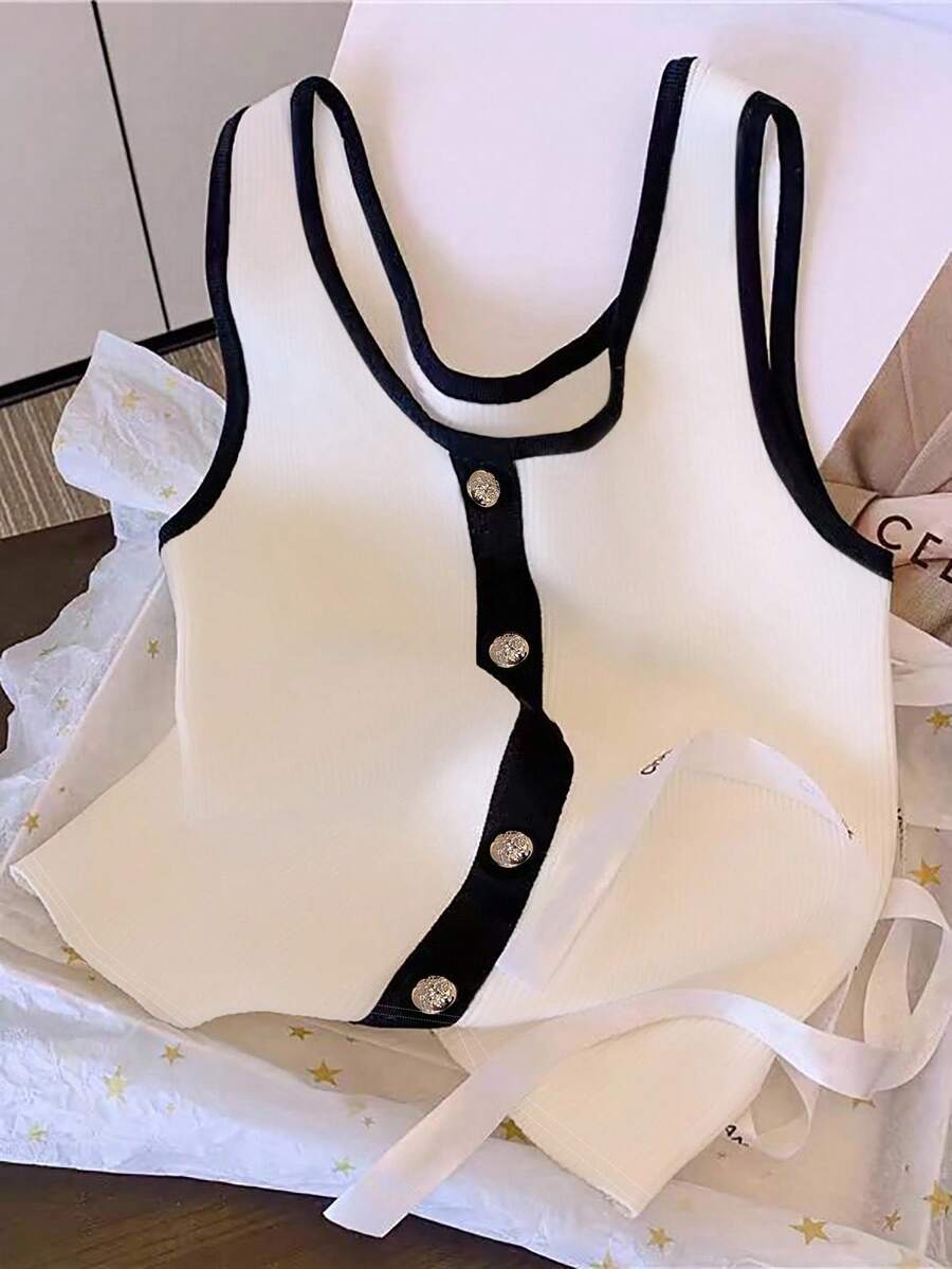 GlowEve 女士时尚简约拼色装饰纽扣吊带背心，适合夏季 - 黑與白 - 查看 1