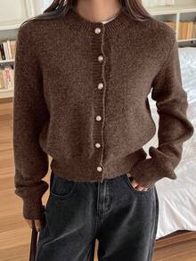 DAZY Women's Loose Casual Metal Buckle Decor Solid Color Knitted Cardigan, Autumn/Winter - Brown - View 4