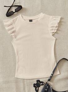 SHEIN EZwear 2pcs Set Hazy Blue & Apricot Ribbed Fabric Round Neck Tight Fit Short Cap Sleeve T-Shirt, Suitable For Summer - Multicolor - View 4