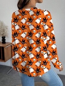 Shutterstock Glamance Maglietta casual a maniche lunghe da strega per Ognissanti, top lavorato a maglia morbido per donna, top per Ognissanti autunnale, maglietta con stampa di fantasmi, maglietta di Ognissanti per donna, maglietta di Ognissanti carina per donna