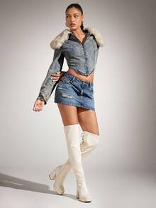SHUZIA Botas Over-Knee de Plataforma com Bico Quadrado Confortáveis e da Moda para Mulheres - Branco - Visão 4