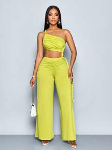 SOLERSUN 女式夏季性感纯色不对称领口褶饰修身镂空连体裤 - 黃色 - 查看 3