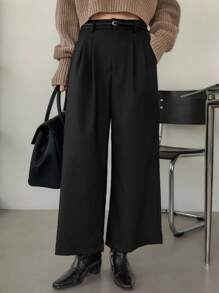 Dazy-Less 女士宽松商务休闲百褶7/8直筒裤，适合办公室、通勤和户外工作，秋冬季 - 黑色 - 查看 2