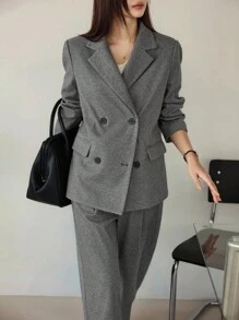 Dazy-Less 女士宽松商务休闲格子西装套装，深色底色优雅办公室通勤西装外套和直筒裤，秋冬 - 灰色 - 查看 2