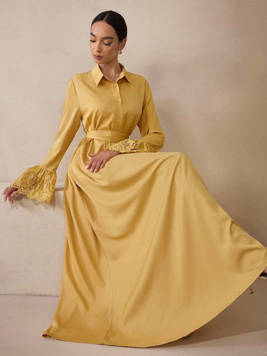 Graceveil Autumn Woven Embroidered Patchwork Elegant Teacher's Dress, Long Dress For Back To School, Yellow Autumn Long Sleeve Maxi Dress Fall Cloth For Women - Yellow - View 1