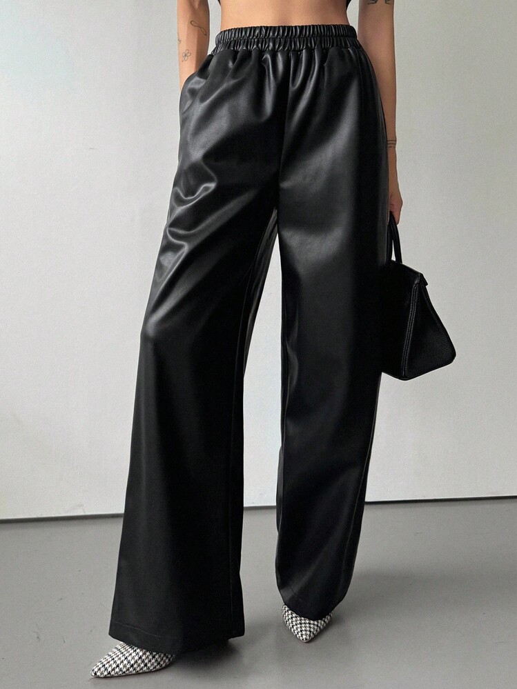 Dazy-Less Women's Loose Business Casual Street Style PU Pants, Straight Leg Trousers, Autumn/Winter Leather Pants - Black - View 3