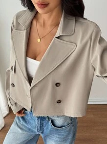 SHEIN PETITE 女款卡其色純色雙排扣短版夾克外套 秋季/教師節 辦公商務 經典優雅休閒 - 杏色 - 查看 5