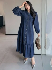 Dazy Plus 深洗蓝半开领灯笼袖宽松长款牛仔连衣裙，秋季