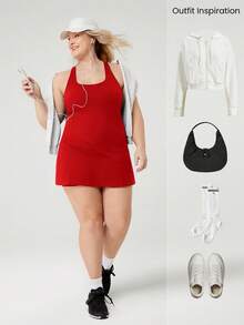 GLOWMODE FeatherFit™-Air Plus Size Peekaboo 吊带连衣裙，内置防滑短裤，低冲击瑜伽日常夏季连衣裙，黑色连衣裙，速干吸湿排汗 - Fiery Red - 查看 8