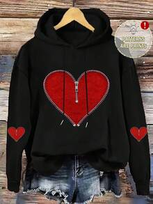 EMERY ROSE 休闲简约心形印花抽绳连帽衫，宽松厚款女式运动衫，秋冬女式连帽衫，黑色连帽衫，女式心形连帽衫，女式连帽衫，女式拉链连帽衫，秋季