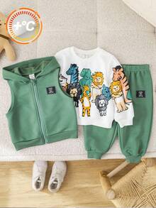 1. 男婴羊毛运动服，3 件套：连帽背心、长袖运动衫和带有可爱动物图案的慢跑裤，舒适百搭，适合室内/室外、日常穿着、运动、玩耍、派对、拍照、度假、返校、街头服饰，适合春季、夏季、秋季、冬季。 - 綠色 - 查看 3