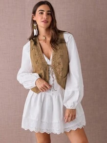 Enchnt Gilet da donna con decorazioni in strass, stile western, con lacci sul davanti, adatto per l'autunno/inverno