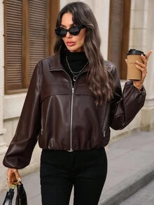 EMERY ROSE Damska krótka kurtka ze skóry PU zapinana na zamek, jesienna odzież damska, kurtka damska, skórzana kurtka, jesienna odzież damska, krótka kurtka, skórzana kurtka, damska kurtka typu bomber, damska odzież outdoorowa, brązowa kurtka
