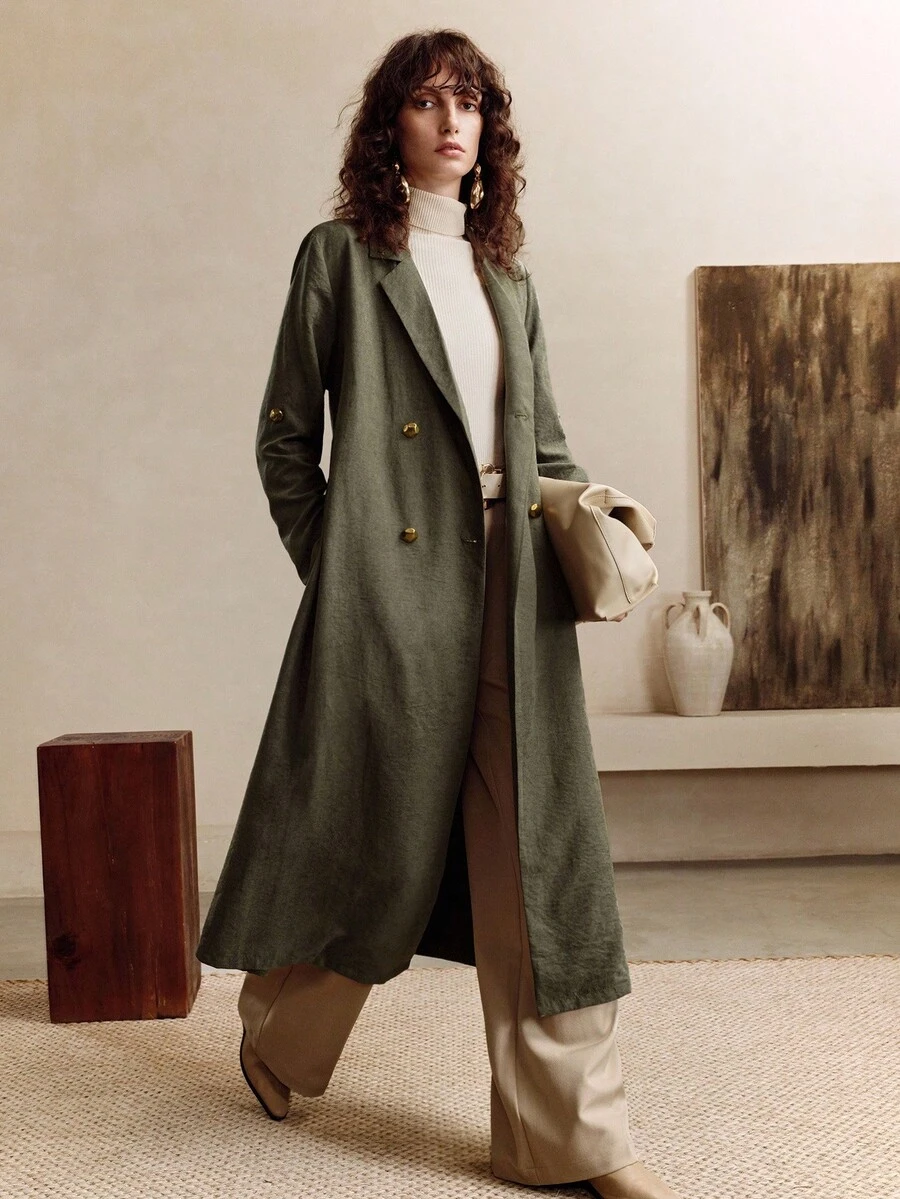 EMERY ROSE 女式 V 领系带腰部金属扣翻领优雅长袖超长连衣裙风衣外套 - 綠色 - 查看 1