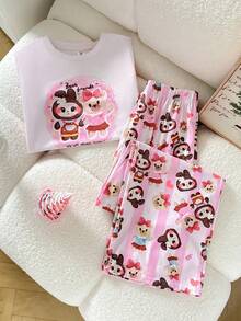 SHEIN 青少年女孩波西米亚风格卡通条纹可爱印花休闲简约圆领长袖 T 恤和宽松裤子家居服套装 - 淺粉色 - 查看 2