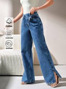 CLARA VERO 高腰开衩直筒牛仔裤 - 深色水洗藍 - 查看 1