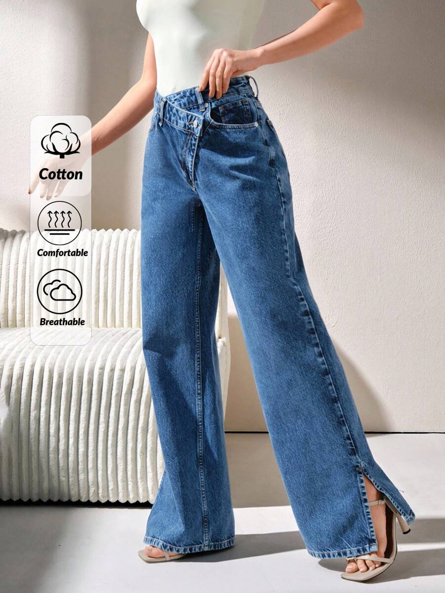 CLARA VERO 高腰开衩直筒牛仔裤 - 深色水洗藍 - 查看 1