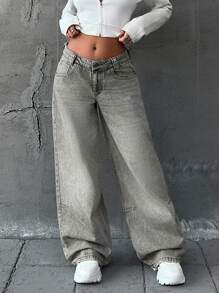 RueChic 低腰 YSK 宽松阔腿牛仔裤 - 灰色 - 查看 4