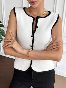 SHEIN Frenchy Chaleco de punto con ribete de contraste casual para mujer en otoño/invierno - Blanco - Ver 5