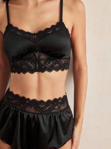 Charlaine French Style Black Lace Patchwork Solid Color Women's Bra - Black - View 3