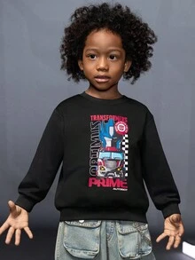 Transformers X SHEIN Niño pequeño casual de uso diario, sudadera holgada con gráfico de robot y letras de estilo caído, para otoño/primavera - Negro - Ver 5