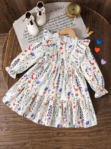 SHEIN Váy thường ngày nhún bèo họa tiết hoa voan cho bé gái - Màu Khaki - Xem 3