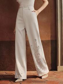 Anewsta 女士水钻装饰阔腿正装裤，时尚通勤，秋冬适用 - 杏色 - 查看 4