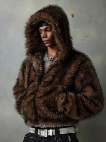 NEON BLANC Men's Long Sleeve Casual Warm Fluffy Faux Fur Coat For Winter - Coffee Brown - View 7