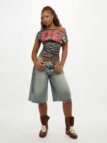 SUMWON WOMEN Off Shoulder Animal Print Crop Top With Number Graphics Ruched Drawstring Side Fall Casual Y2K Fashion Statement Zebra Pattern Retro Style 90s Look - Black and White - View 4