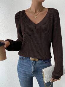 SHEIN LUNE Sweater Kasual Wanita Warna Polos Lengan Raglan untuk Musim Gugur dan Musim Dingin - Coffee Brown - View 6